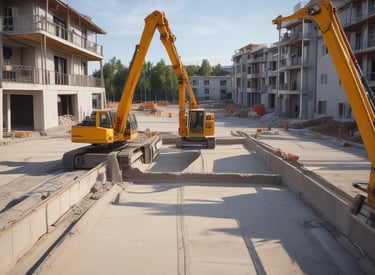 Large construction site with workers pouring ready-mix concrete using heavy machinery.