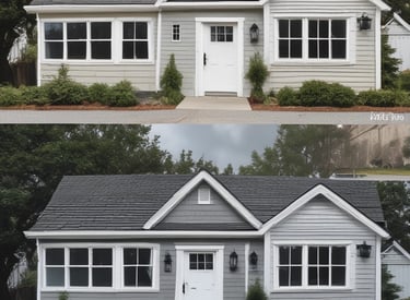 Before and after of a freshly painted Vancouver home exterior in red, blue, and white tones.
