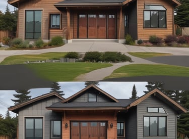 Before and after of a freshly painted Vancouver home exterior in red, blue, and white tones.