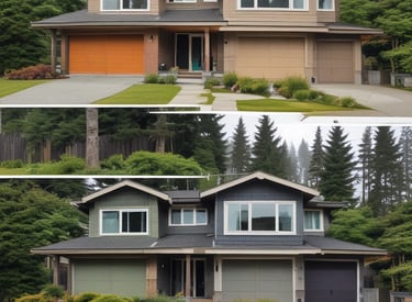 Before and after of a freshly painted Vancouver home exterior in red, blue, and white tones.