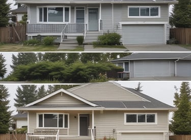 Before and after of a freshly painted Vancouver home exterior in red, blue, and white tones.