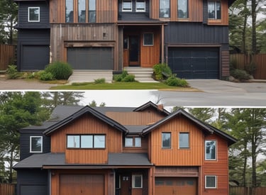 Before and after of a freshly painted Vancouver home exterior in red, blue, and white tones.