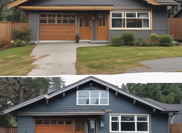 Before and after of a freshly painted Vancouver home exterior in red, blue, and white tones.
