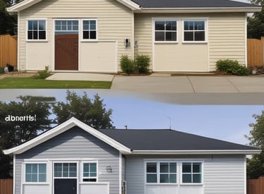 Before and after of a freshly painted Vancouver home exterior in red, blue, and white tones.