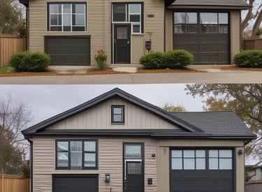 Before and after of a freshly painted Vancouver home exterior in red, blue, and white tones.