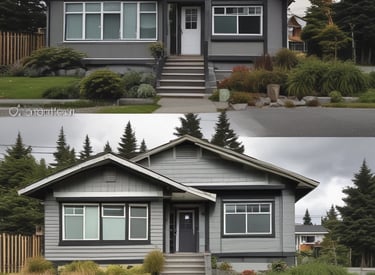 Before and after of a freshly painted Vancouver home exterior in red, blue, and white tones.