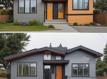 Before and after of a freshly painted Vancouver home exterior in red, blue, and white tones.