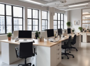 Team members cleaning a sleek, well-lit office space with gold and beige accents.