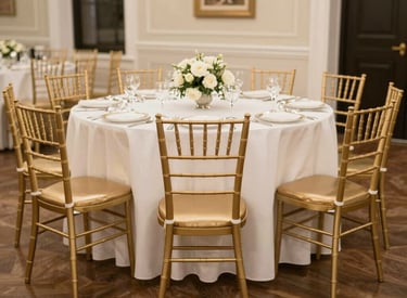 Gold Chiavari chairs arranged around a 6-foot rectangular table at a lively birthday party