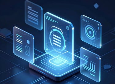 Futuristic blue glowing digital data interface with floating holographic server icons and information panels.