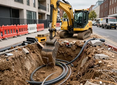 Technicians working on underground utility cables in an urban Aberdeen street.