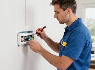 Electrician installing wiring inside a modern commercial building.