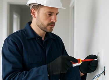 Electrician installing wiring in a modern residential property.