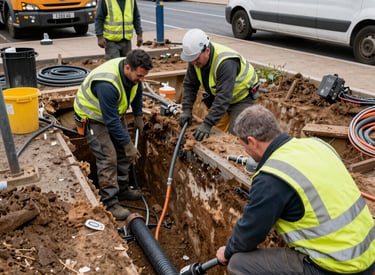 Utility construction site with workers laying cables.