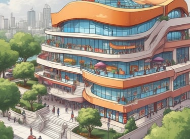 Icon of a bustling shopping mall with multiple storefronts.