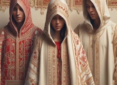 A serene workshop in Rabat where artisans carefully craft modern jellabas with traditional fabrics.