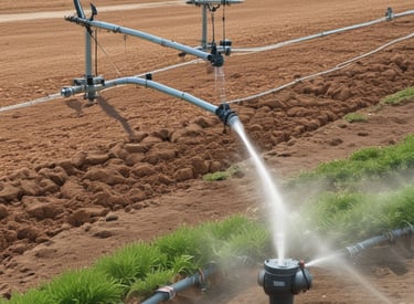 Farmers inspecting irrigation systems in a date palm orchard.