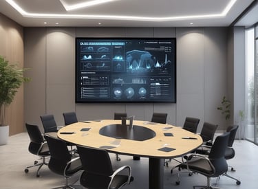 A diverse team collaborating around a table with charts and laptops in a modern office.
