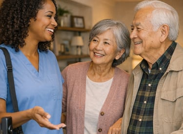 Caregiver smiling with elderly couple doing a puzzle at home in Chesterfield County Virginia