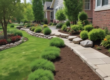 Technicians performing exterior maintenance on a commercial building surrounded by clean walkways and landscaped areas.