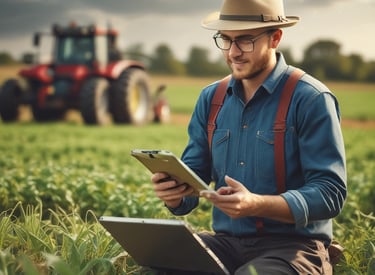 A friendly agricultural consultant helping a farmer review documents in a sunny field.