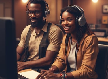 Photo of sound engineers conducting a hands-on workshop with mixing consoles and microphones.