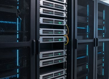High-density data center racks with blinking servers and network cables.