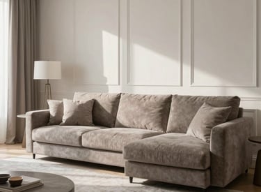 A sophisticated French living room interior in Nîmes, showcasing elegant furniture in taupe and light gray tones, clean lines, and a peaceful, minimalist aesthetic with soft natural afternoon light.