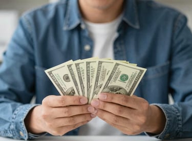 Photograph of a small business owner happily reviewing loan documents with a consultant.