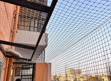 Technician carefully installing a safety net on a residential balcony in Jalahalli.