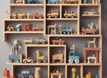 A colorful assortment of toys displayed on shelves in a bright, inviting store setting.