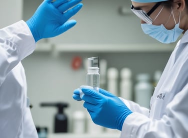 Close-up of a scientist carefully synthesizing peptides in a sterile lab environment.