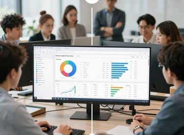 A sleek, minimalist office space with sunlight streaming through large windows, featuring a team collaborating on digital strategy around a modern table.