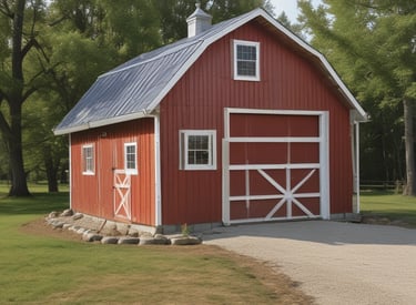 A newly built spacious wood pole barn standing on a rural property under a bright blue sky.