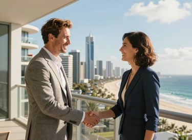 Two business professionals shaking hands in a discreet meeting room.