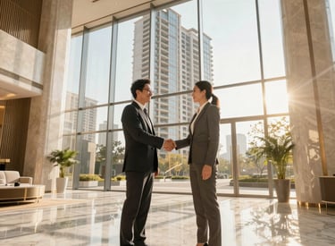 Handshake between developers and investors sealing a joint venture.