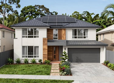 A stylish townhouse with energy-efficient solar panels on the roof.