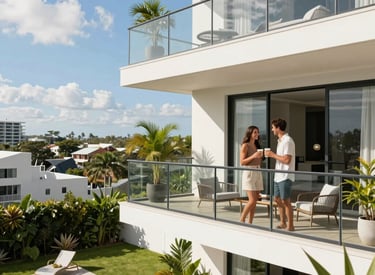 A modern apartment complex bathed in warm afternoon sunlight with lush greenery around.