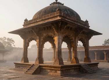 A wide-angle landscape photograph of a South Asian temple courtyard at dawn, with soft golden light filtering through carved stone archways and a faint, ethereal mist rising from the ground.