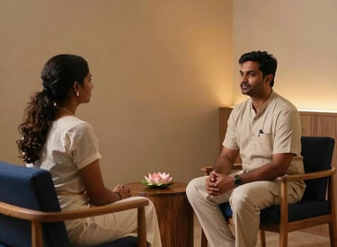 A professional and calm interior of a wellness center in South Asian / Tamil Nadu, India. A South Asian professional counselor and a guest are seated in comfortable chairs with deep indigo cushions, engaged in a quiet conversation. The environment is minimalist with warm amber lighting and a small lotus flower on a wooden table.
