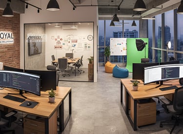 a room with a desk and a computer monitor