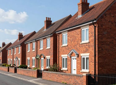 a row of red brick houses next to a road