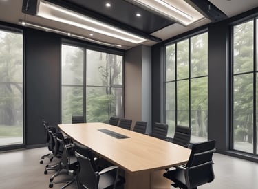 Workers installing interior finishes in a modern office space.