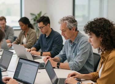 A group of diverse adults in a brightly lit North American training center collaborating over laptop computers and digital tablets, modern and accessible design.