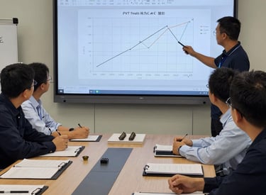 Team reviewing PVT results on a large screen in a meeting room.
