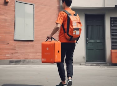 Close-up of a delivery person handing a Javanuts package to a smiling young customer at their doorstep.