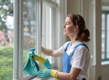 Professional cleaner polishing a wooden floor in a bright living room.