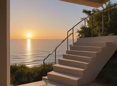 A welcoming luxury home entrance bathed in warm sunlight.