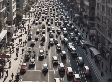 Close-up of colorful traffic signs along a busy urban street