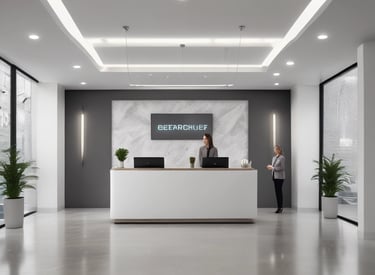 Friendly receptionist welcoming guests at a business front desk